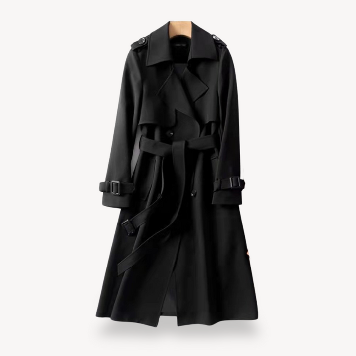 Red women's cotton trench coat with belted waist, classic silhouette, stylish and versatile for all-season outfits.
