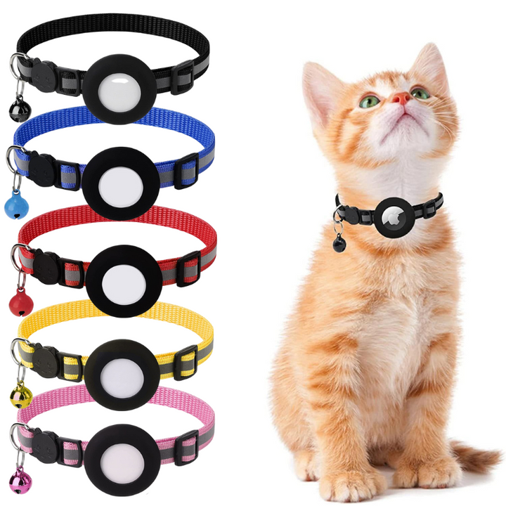 Reflective adjustable cat collar with AirTag holder, lightweight design, and reflective stripes for low-light safety.