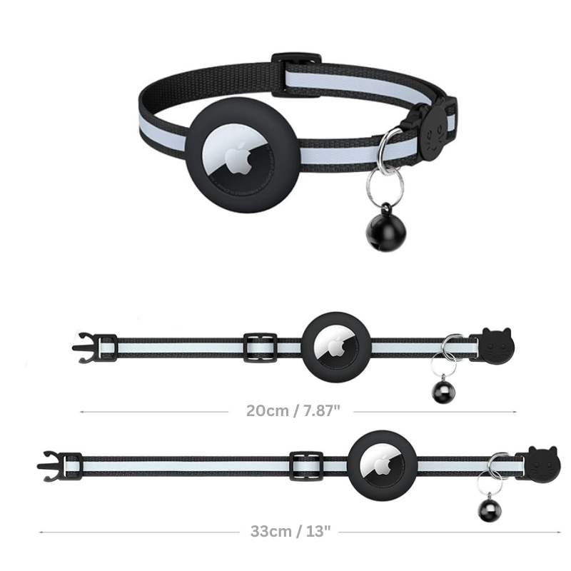 Reflective adjustable cat collar with AirTag holder, lightweight design, and reflective stripes for low-light safety.