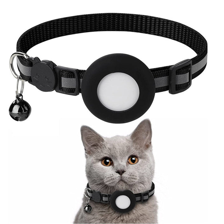 Reflective adjustable cat collar with AirTag holder, lightweight design, and reflective stripes for low-light safety.