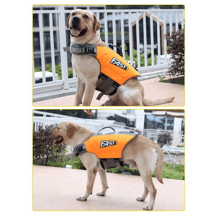 Reflective adjustable dog life jacket with buoyant support, high visibility colors, and emergency handle for water safety.