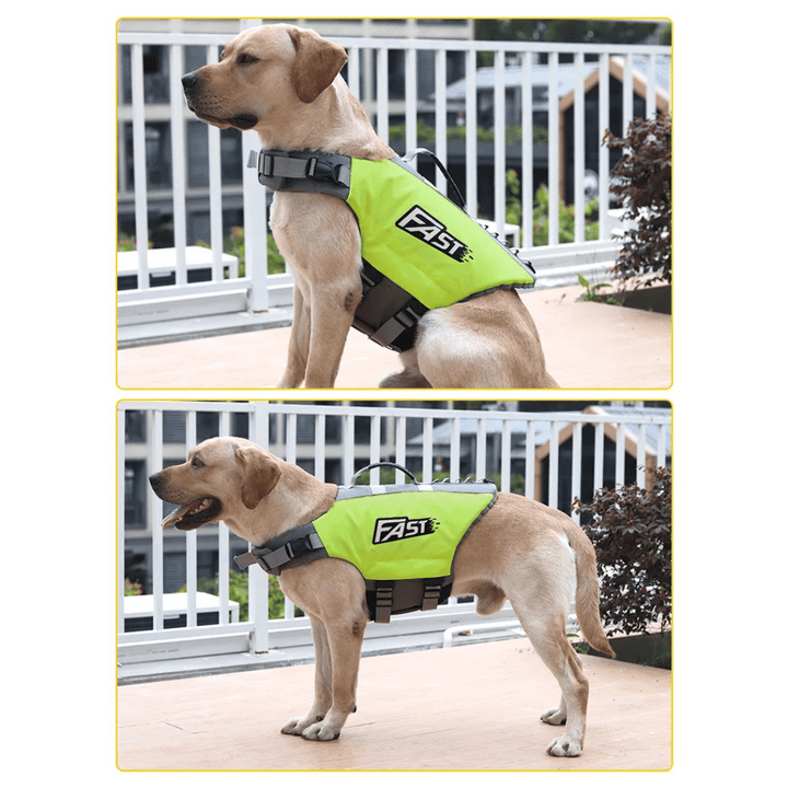 Reflective adjustable dog life jacket with buoyant support, high visibility colors, and emergency handle for water safety.