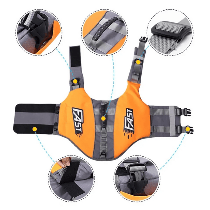 Reflective adjustable dog life jacket with buoyant support, high visibility colors, and emergency handle for water safety.