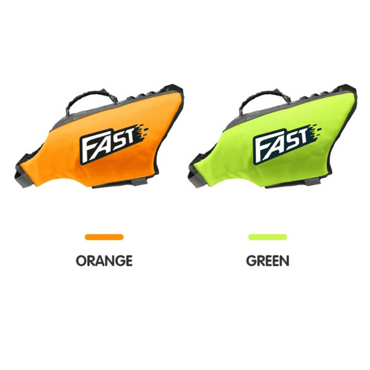 Reflective adjustable dog life jacket with buoyant support, high visibility colors, and emergency handle for water safety.