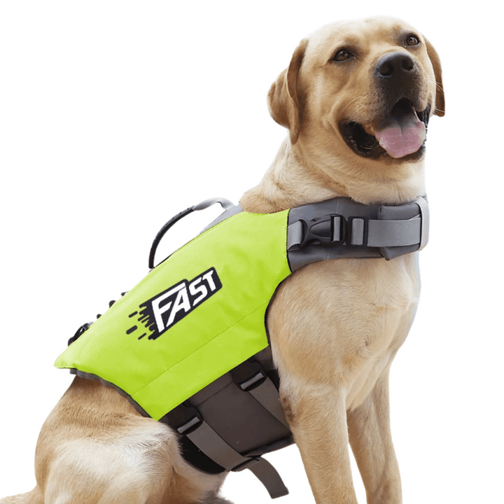 Reflective adjustable dog life jacket with buoyant support, high visibility colors, and emergency handle for water safety.