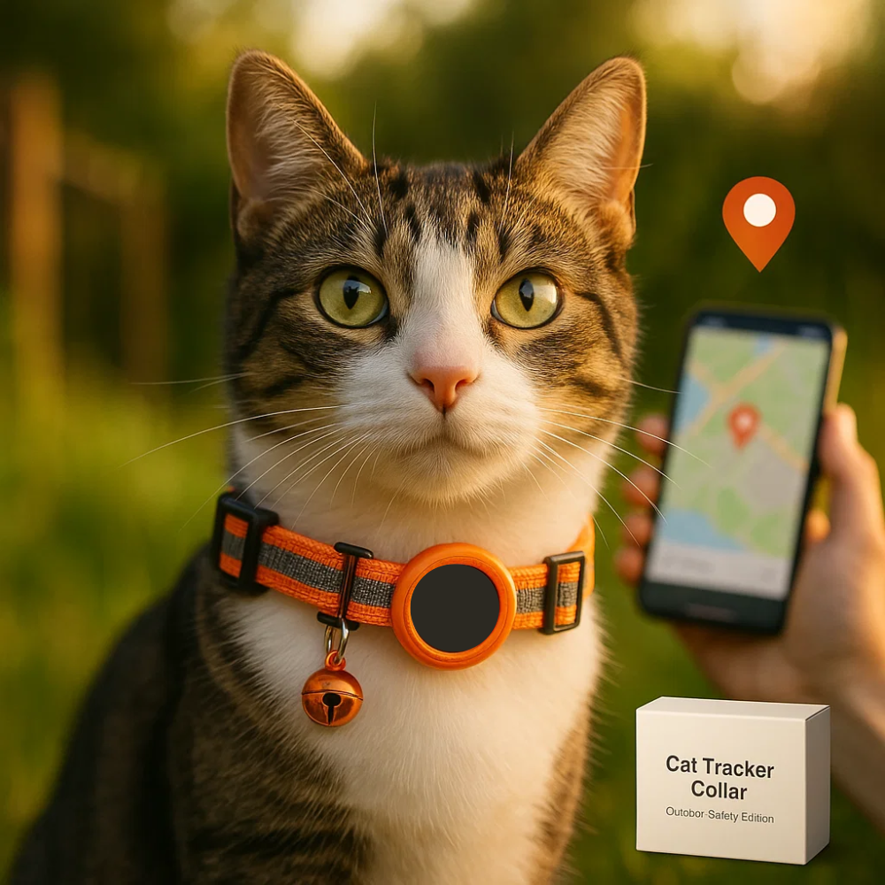 "Reflective cat GPS tracker collar with quick release, enhances safety and visibility for your pet's outdoor adventures."