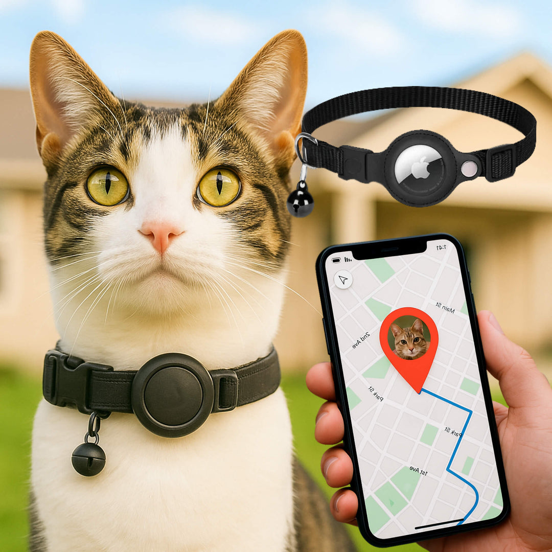 "Reflective cat GPS tracker collar with quick release, enhances safety and visibility for your pet's outdoor adventures."