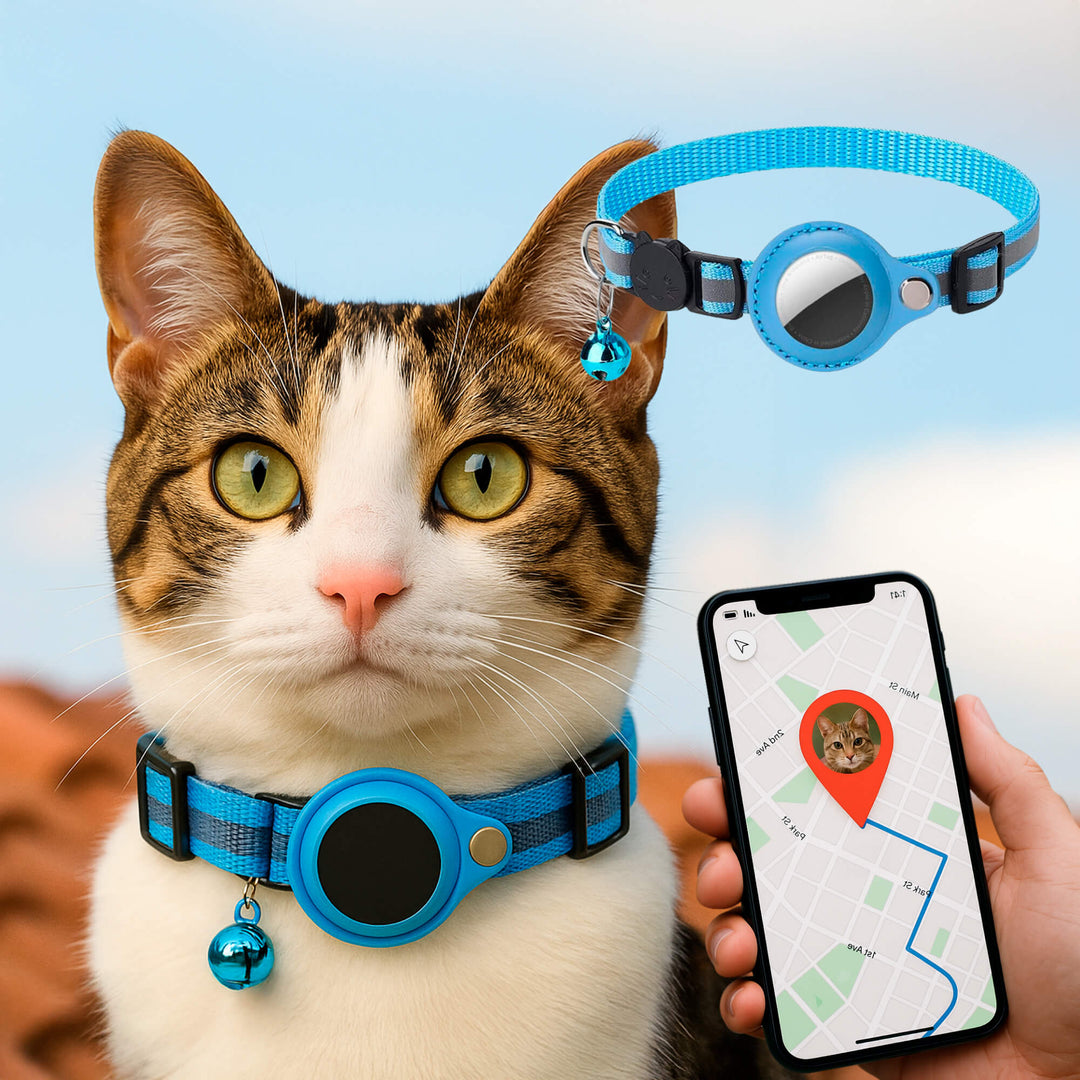 "Reflective cat GPS tracker collar with quick release, enhances safety and visibility for your pet's outdoor adventures."