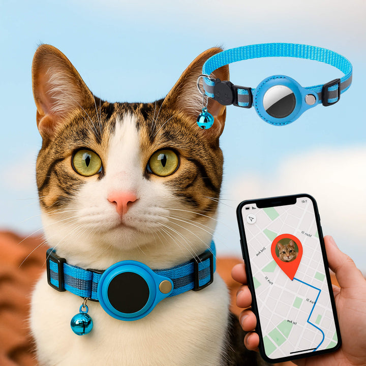 "Reflective cat GPS tracker collar with quick release, enhances safety and visibility for your pet's outdoor adventures."