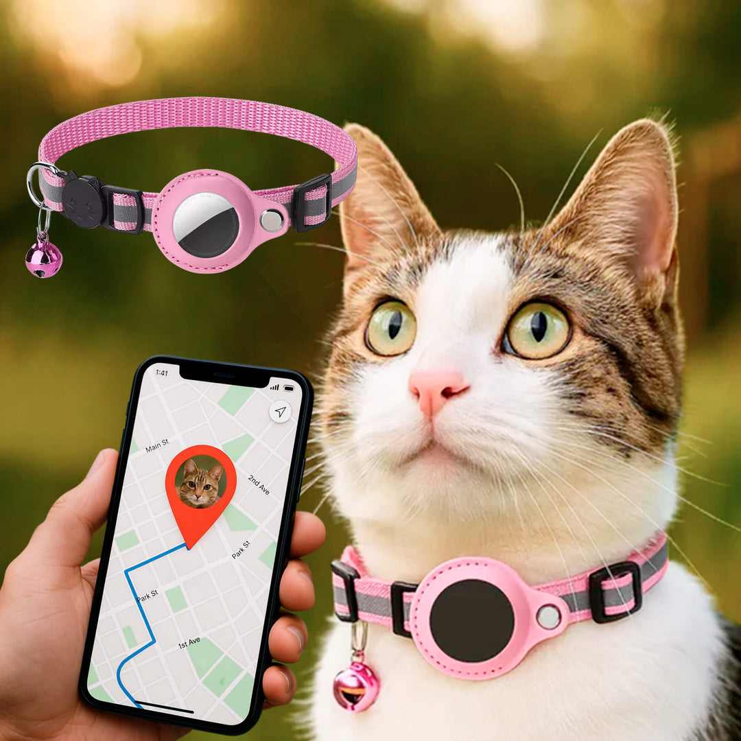 "Reflective cat GPS tracker collar with quick release, enhances safety and visibility for your pet's outdoor adventures."