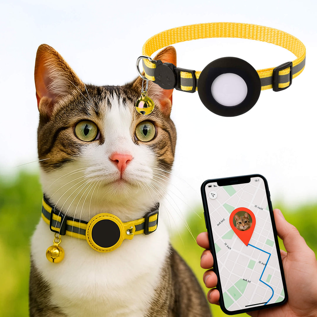 "Reflective cat GPS tracker collar with quick release, enhances safety and visibility for your pet's outdoor adventures."