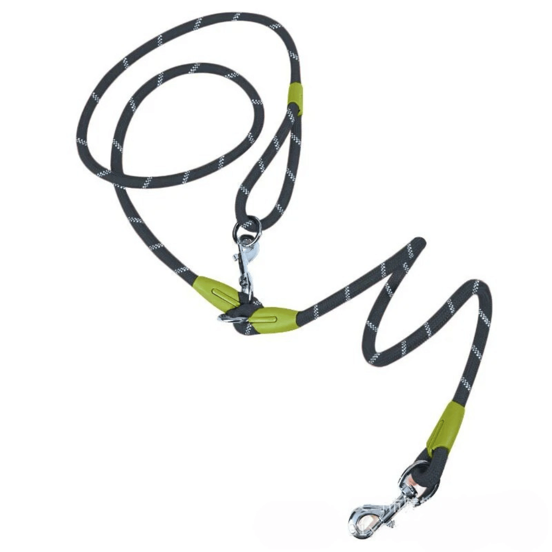 Reflective hands-free dog leash with bungee rope for running, ideal for large dogs; shown wrapped around waist.