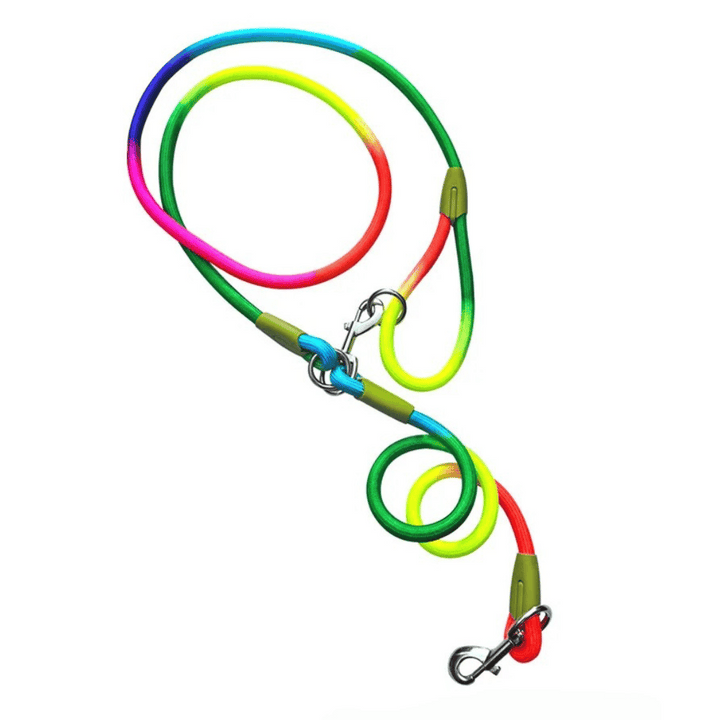 Reflective hands-free dog leash with bungee rope for running, ideal for large dogs; shown wrapped around waist.