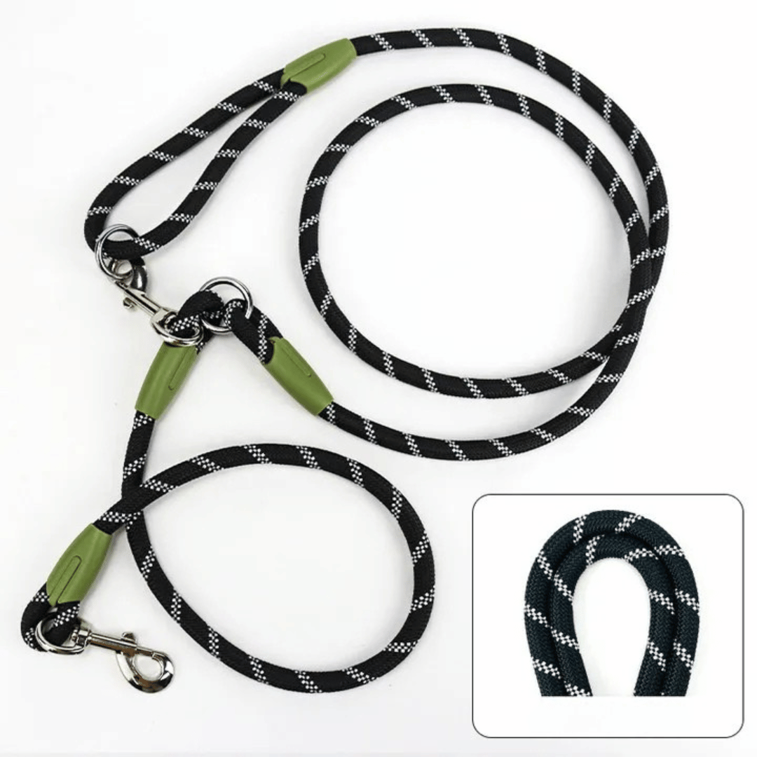 Reflective hands-free dog leash with bungee rope for running, ideal for large dogs; shown wrapped around waist.