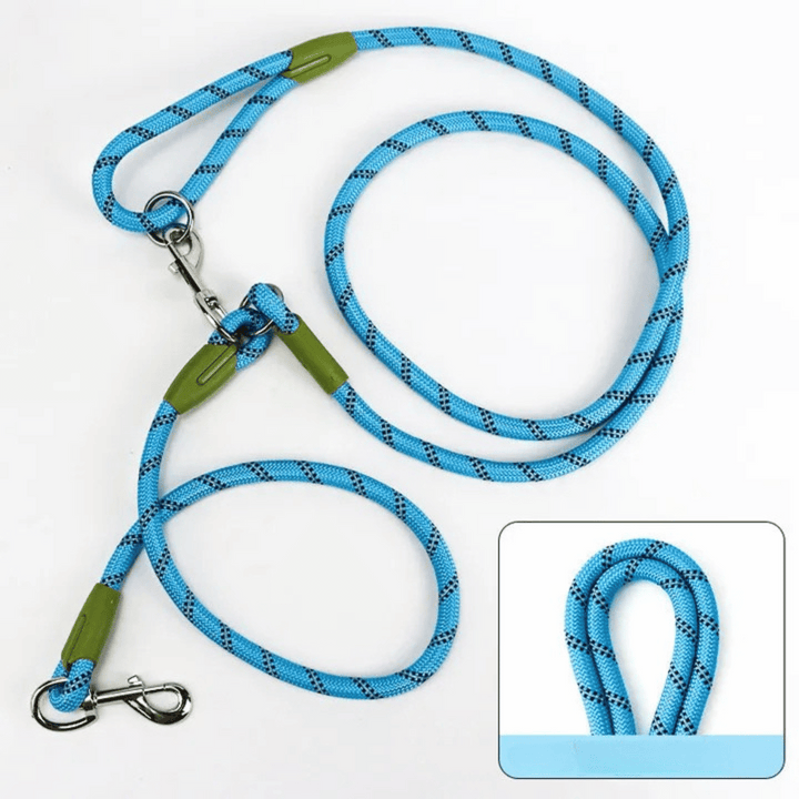 Reflective hands-free dog leash with bungee rope for running, ideal for large dogs; shown wrapped around waist.