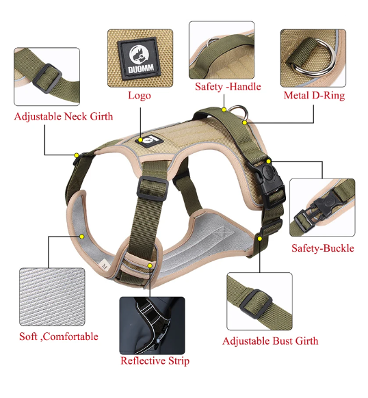 Reflective no-pull dog harness with handle, adjustable straps, and metal D-ring; visible and safe for night walks.