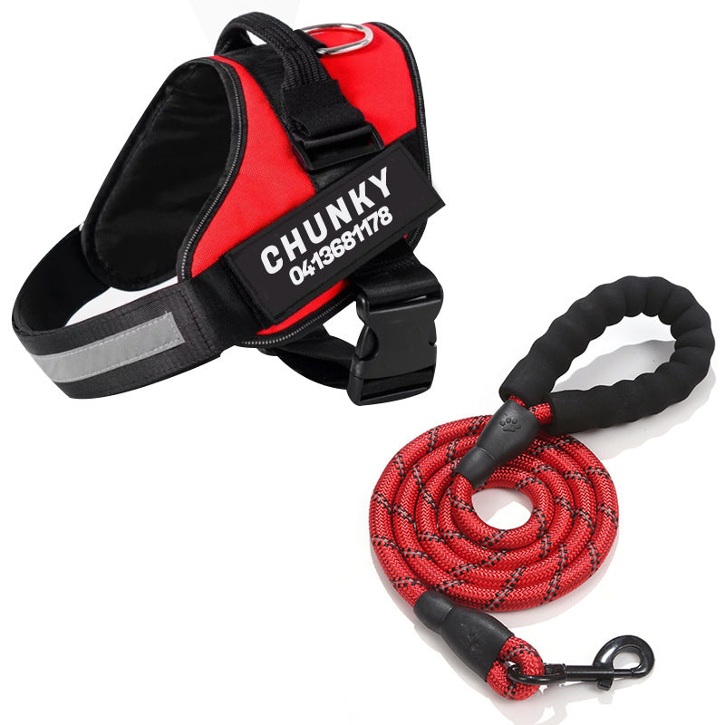 Reflective no-pull dog harness with padded chest, personalised tag area, and secure buckle, enhancing safety and control on w