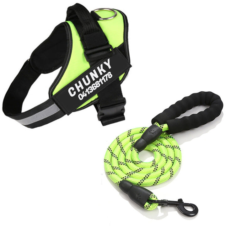 Reflective no-pull dog harness with padded chest, personalised tag area, and secure buckle, enhancing safety and control on w