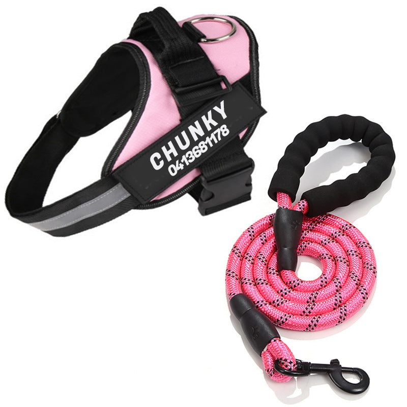 Reflective no-pull dog harness with padded chest, personalised tag area, and secure buckle, enhancing safety and control on w