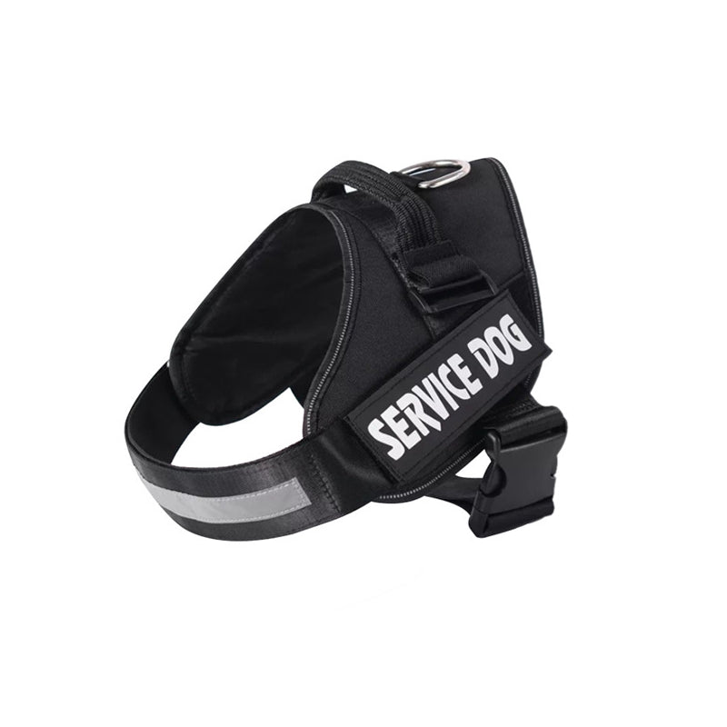Reflective no-pull dog harness with padded chest, personalised tag area, and secure buckle, enhancing safety and control on w