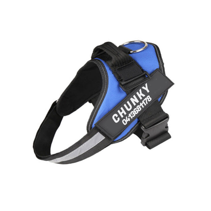 Reflective no-pull dog harness with padded chest, personalised tag area, and secure buckle, enhancing safety and control on w