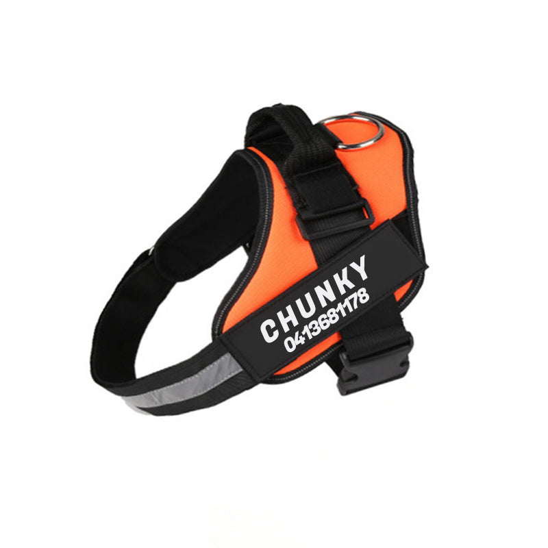 Reflective no-pull dog harness with padded chest, personalised tag area, and secure buckle, enhancing safety and control on w