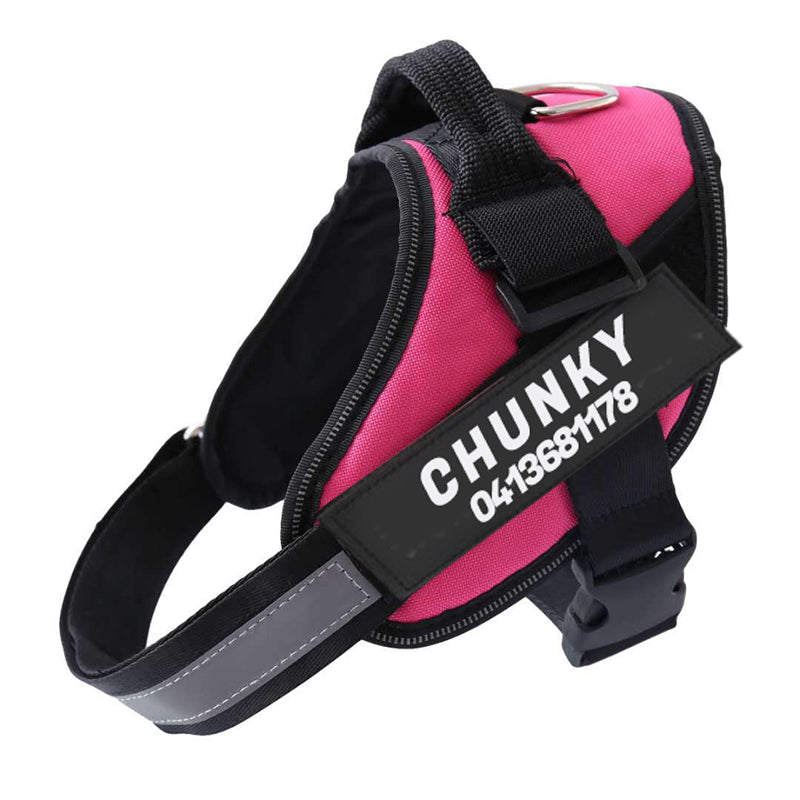 Reflective no-pull dog harness with padded chest, personalised tag area, and secure buckle, enhancing safety and control on w