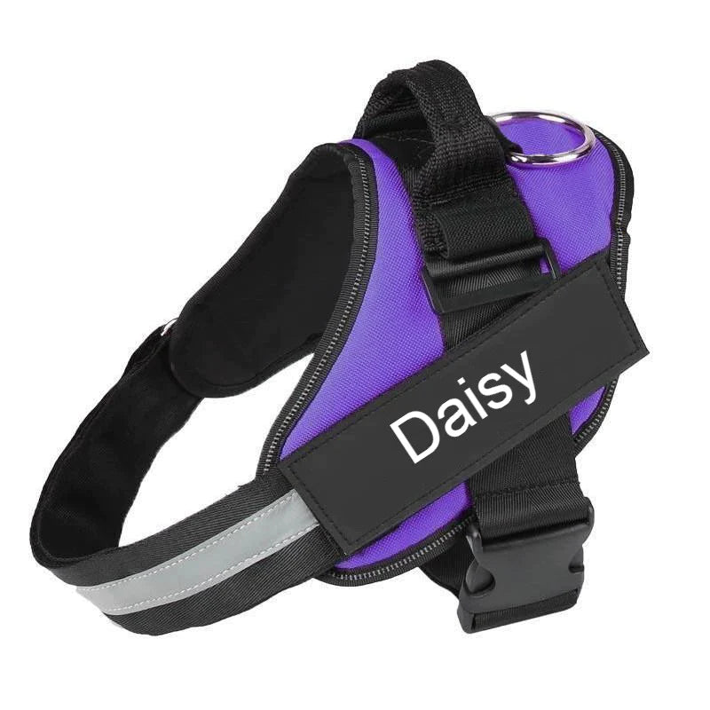 Reflective no-pull dog harness with padded chest, personalised tag area, and secure buckle, enhancing safety and control on w