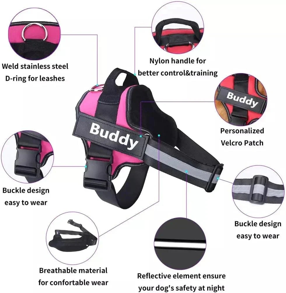 Reflective no-pull dog harness with padded chest, personalised tag area, and secure buckle, enhancing safety and control on w