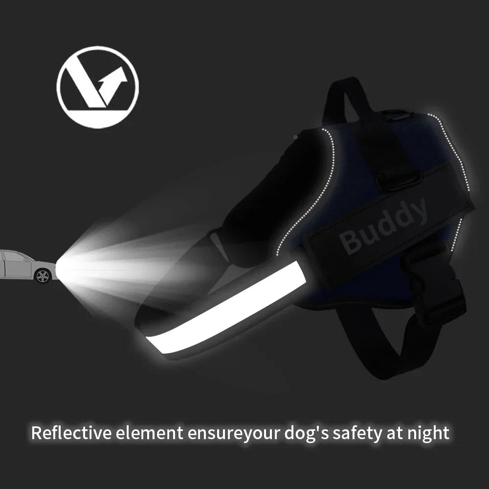 Reflective no-pull dog harness with padded chest, personalised tag area, and secure buckle, enhancing safety and control on w
