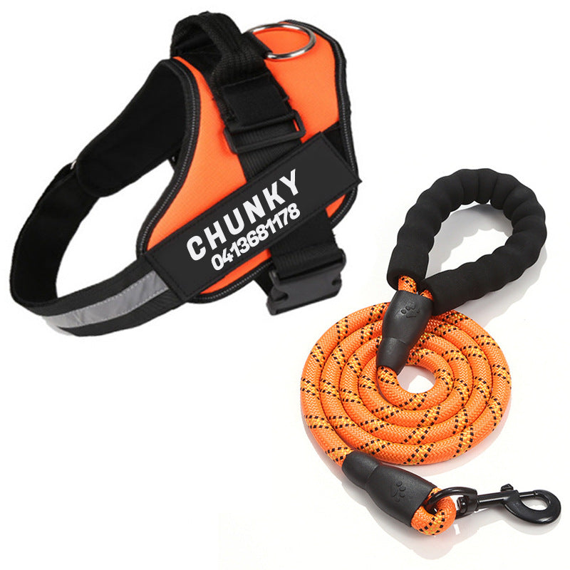 Reflective no-pull dog harness with padded chest, personalised tag area, and secure buckle, enhancing safety and control on w