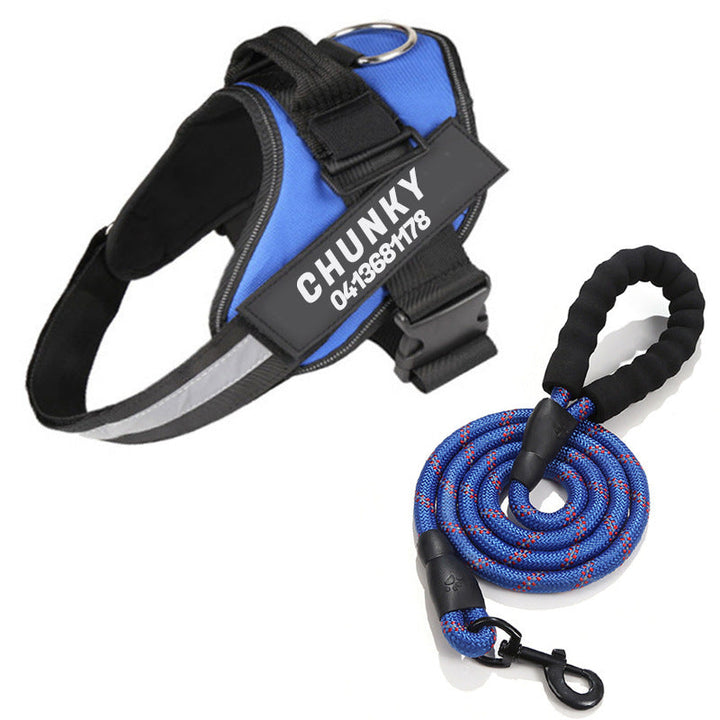 Reflective no-pull dog harness with padded chest, personalised tag area, and secure buckle, enhancing safety and control on w