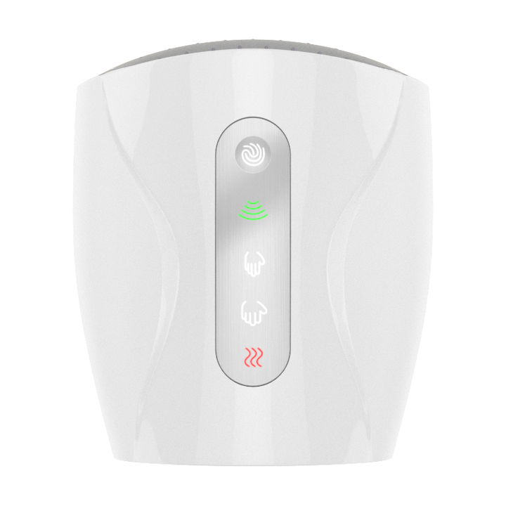 "Rejuvenating cordless electric hand massager with heat, ergonomic design, compact, white color, ideal for hand pain relief."