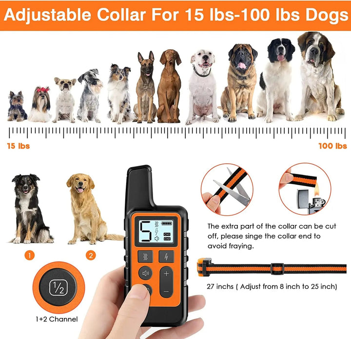 "Remote for 5-level adjustable dog training collar, black with LCD screen and buttons, for controlling training modes."