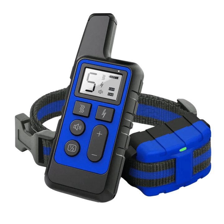 "Remote for 5-level adjustable dog training collar, black with LCD screen and buttons, for controlling training modes."