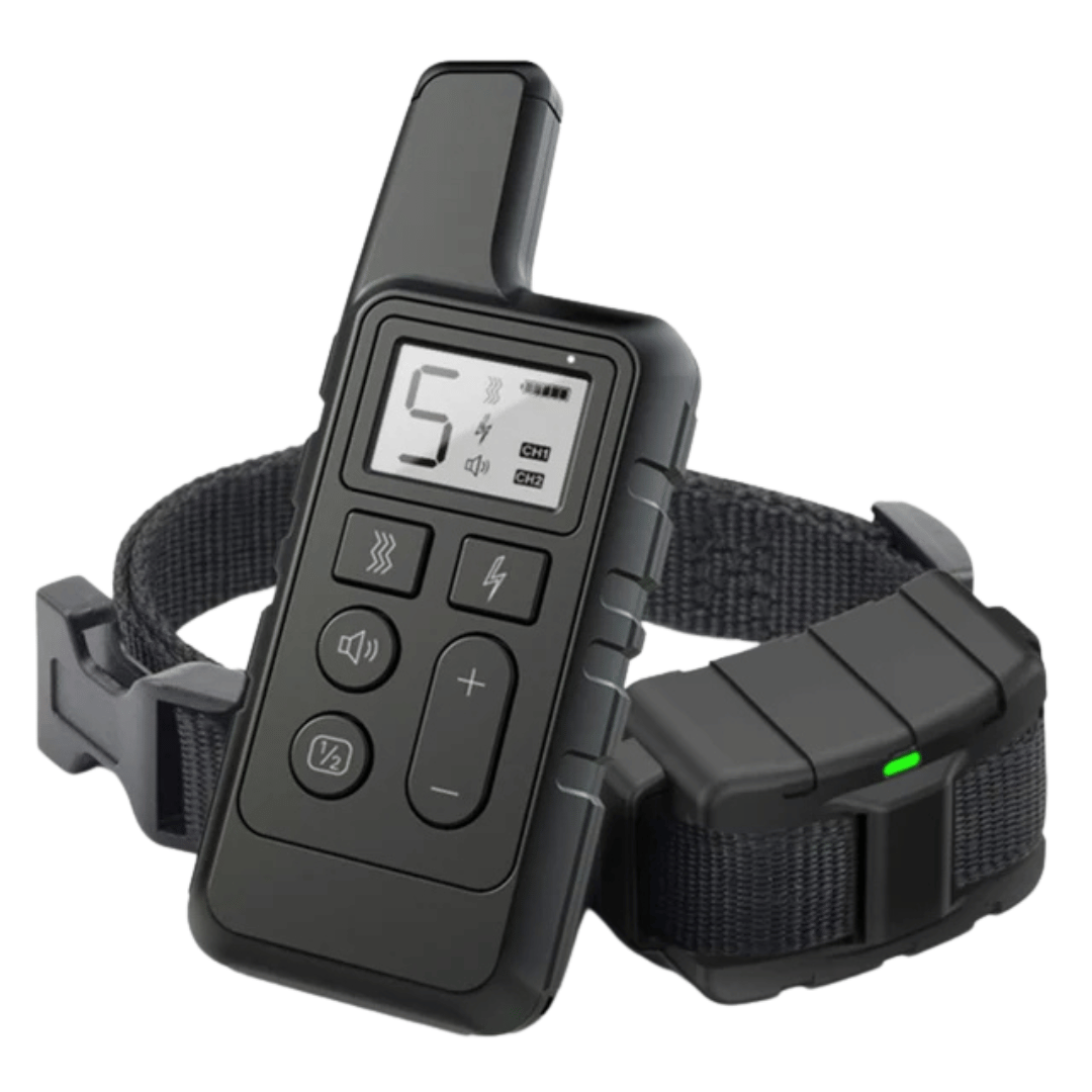 "Remote for 5-level adjustable dog training collar, black with LCD screen and buttons, for controlling training modes."