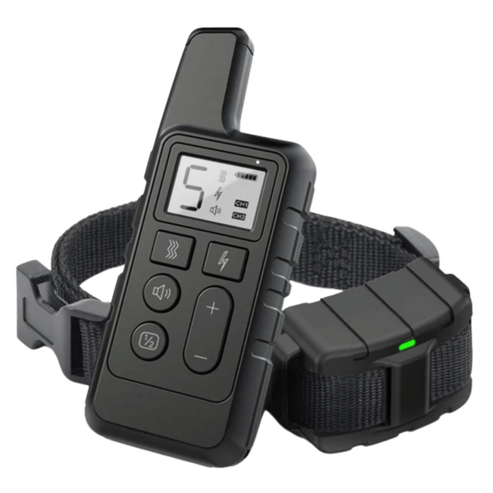 "Remote for 5-level adjustable dog training collar, black with LCD screen and buttons, for controlling training modes."