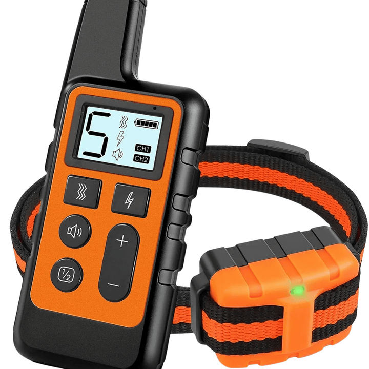 "Remote for 5-level adjustable dog training collar, black with LCD screen and buttons, for controlling training modes."