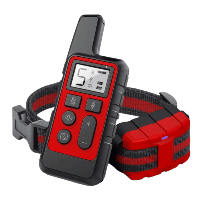 "Remote for 5-level adjustable dog training collar, black with LCD screen and buttons, for controlling training modes."