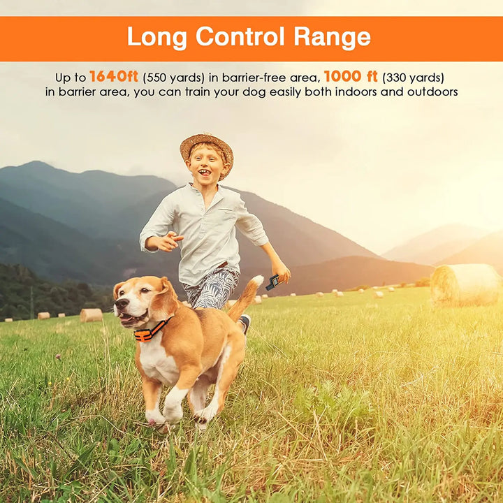 "Remote for 5-level adjustable dog training collar, black with LCD screen and buttons, for controlling training modes."