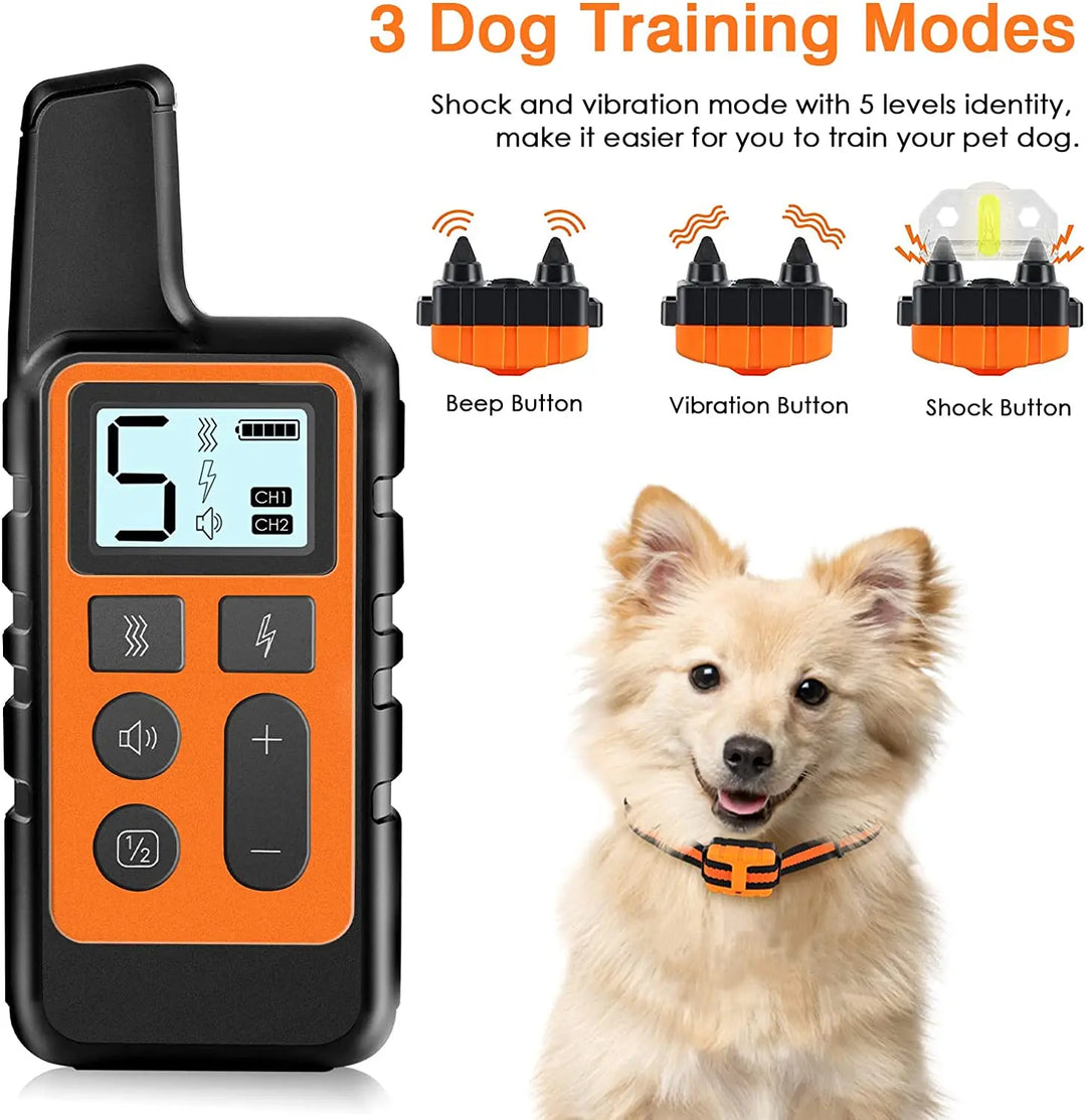 "Remote for 5-level adjustable dog training collar, black with LCD screen and buttons, for controlling training modes."