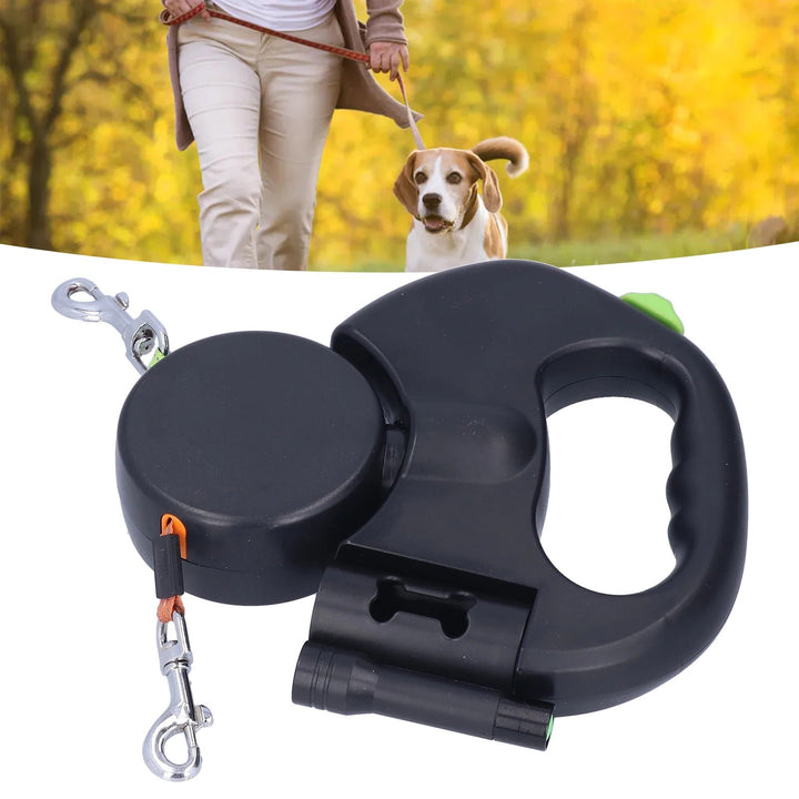 "Retractable double dog leash with flashlight, bag dispenser; durable nylon straps, ergonomic grip for tangle-free walking."