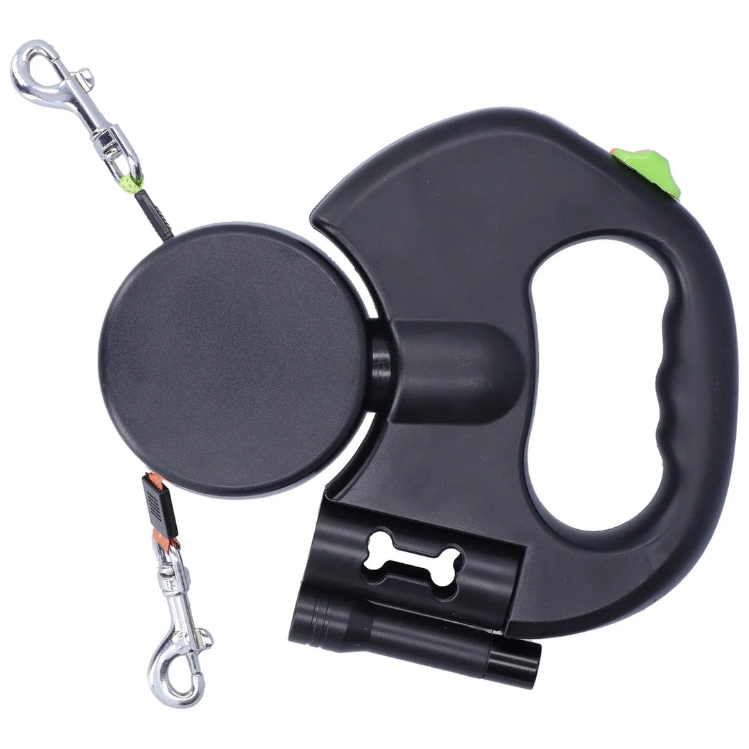 "Retractable double dog leash with flashlight, bag dispenser; durable nylon straps, ergonomic grip for tangle-free walking."