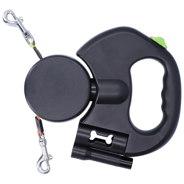 "Retractable double dog leash with flashlight, bag dispenser; durable nylon straps, ergonomic grip for tangle-free walking."