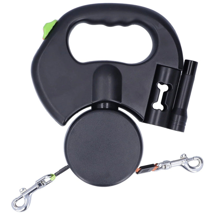 "Retractable double dog leash with flashlight, bag dispenser; durable nylon straps, ergonomic grip for tangle-free walking."