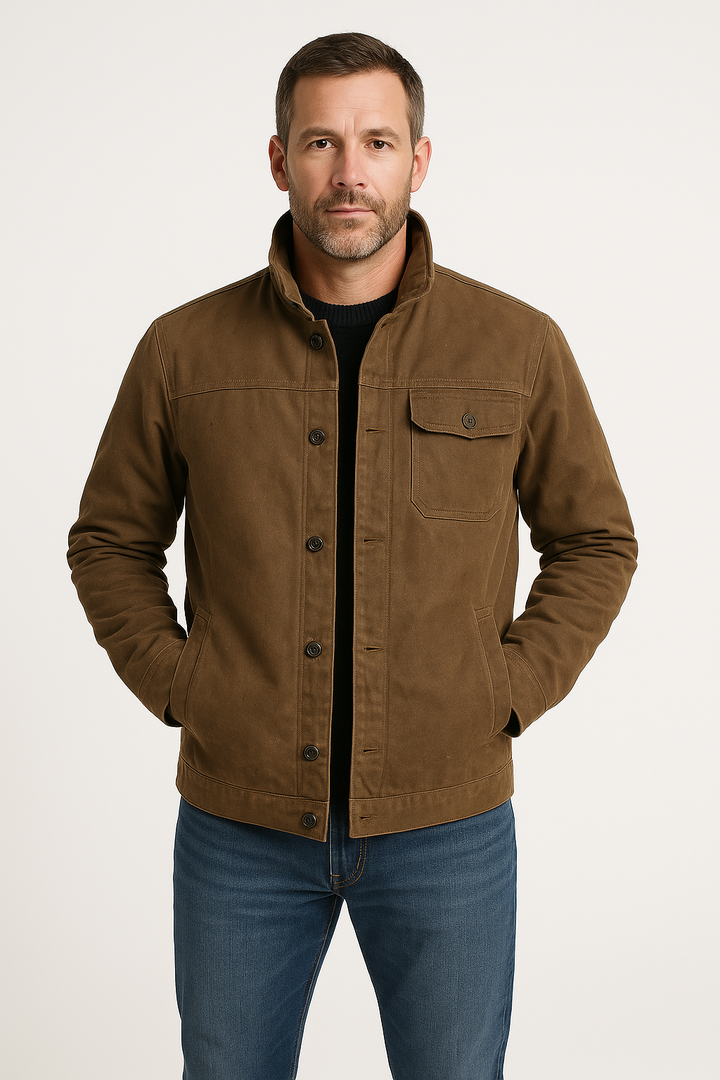 "Rugged deep brown men's utility jacket, front view, with practical pockets, ideal for autumn urban and countryside use."
