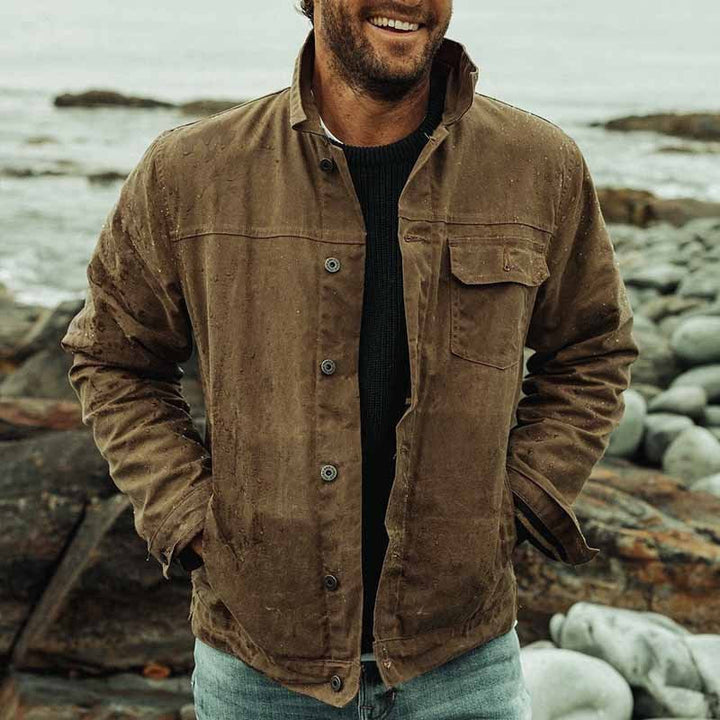 "Rugged deep brown men's utility jacket, front view, with practical pockets, ideal for autumn urban and countryside use."