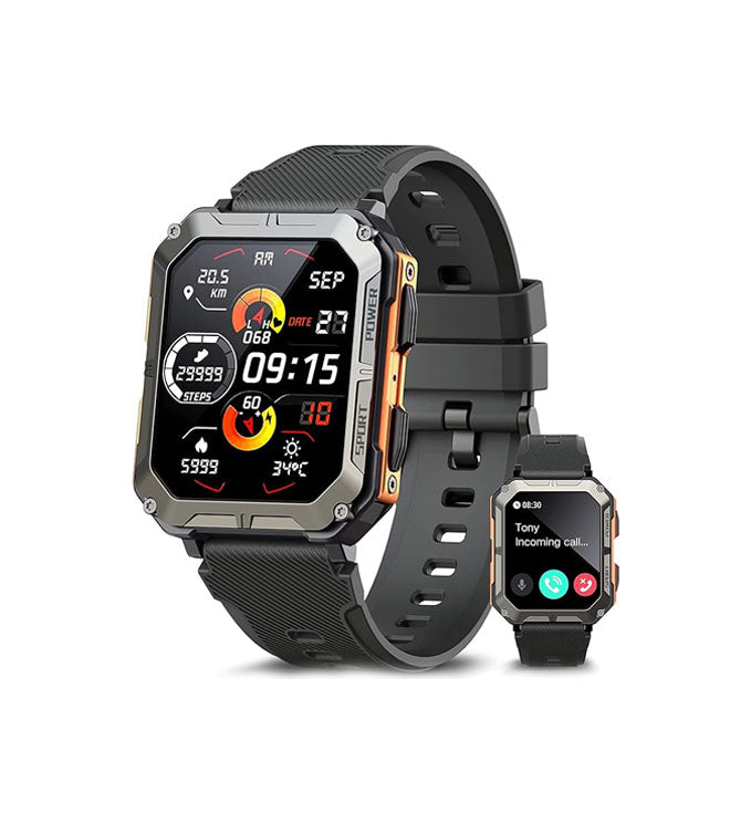 "Rugged men's smartwatch with black anodized stainless steel case and robust gorilla glass screen, ideal for extreme conditio