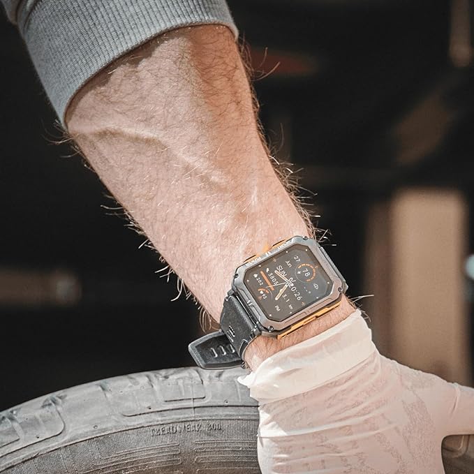 "Rugged men's smartwatch with black anodized stainless steel case and robust gorilla glass screen, ideal for extreme conditio