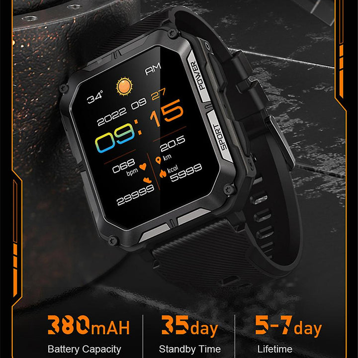 "Rugged men's smartwatch with black anodized stainless steel case and robust gorilla glass screen, ideal for extreme conditio